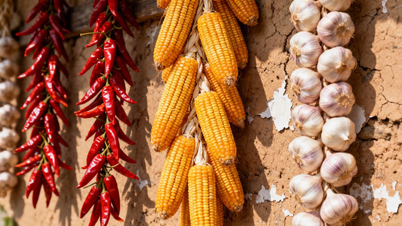 玉米辣椒蒜串挂墙头图片