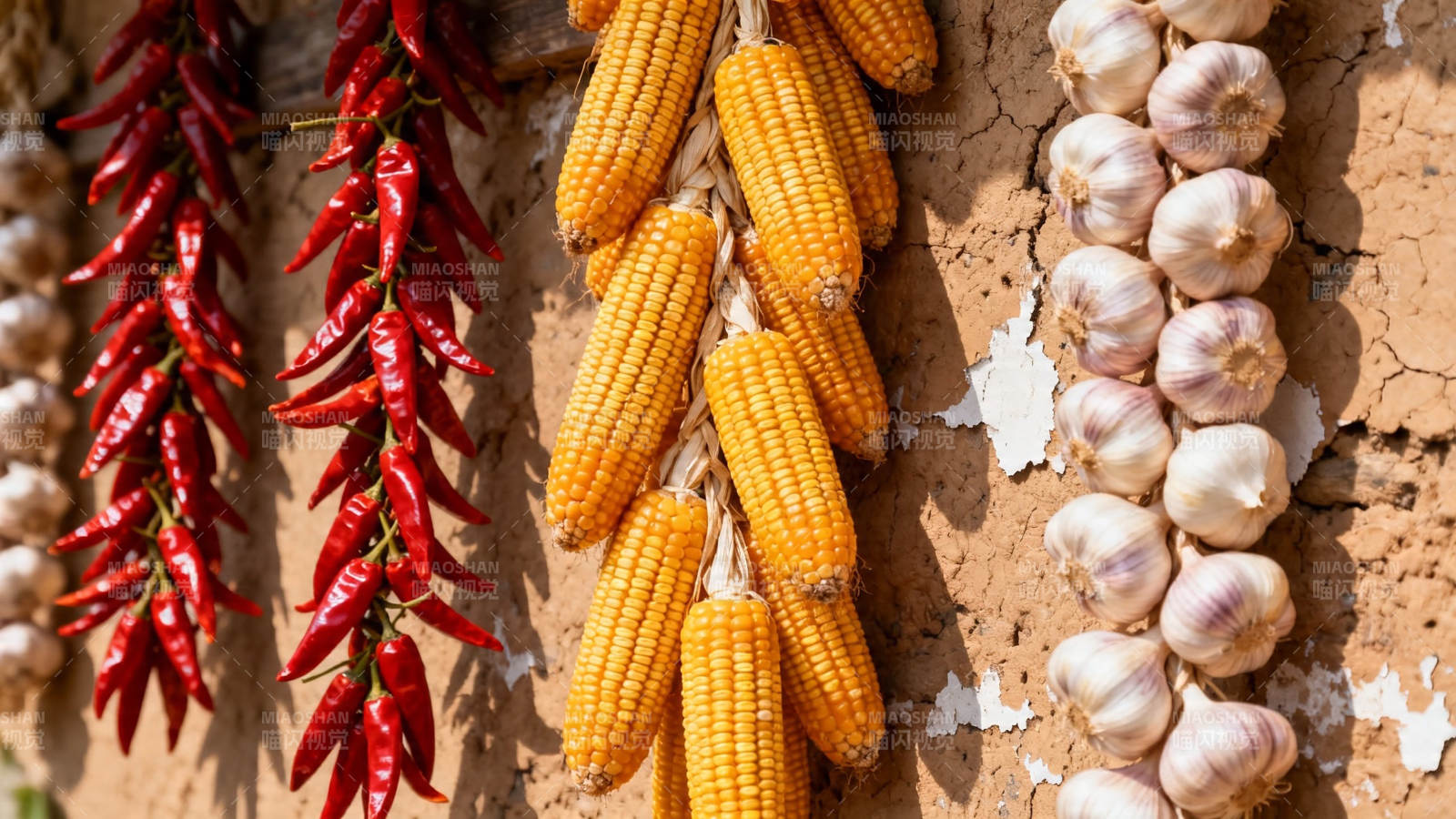 玉米辣椒蒜串挂墙头图片