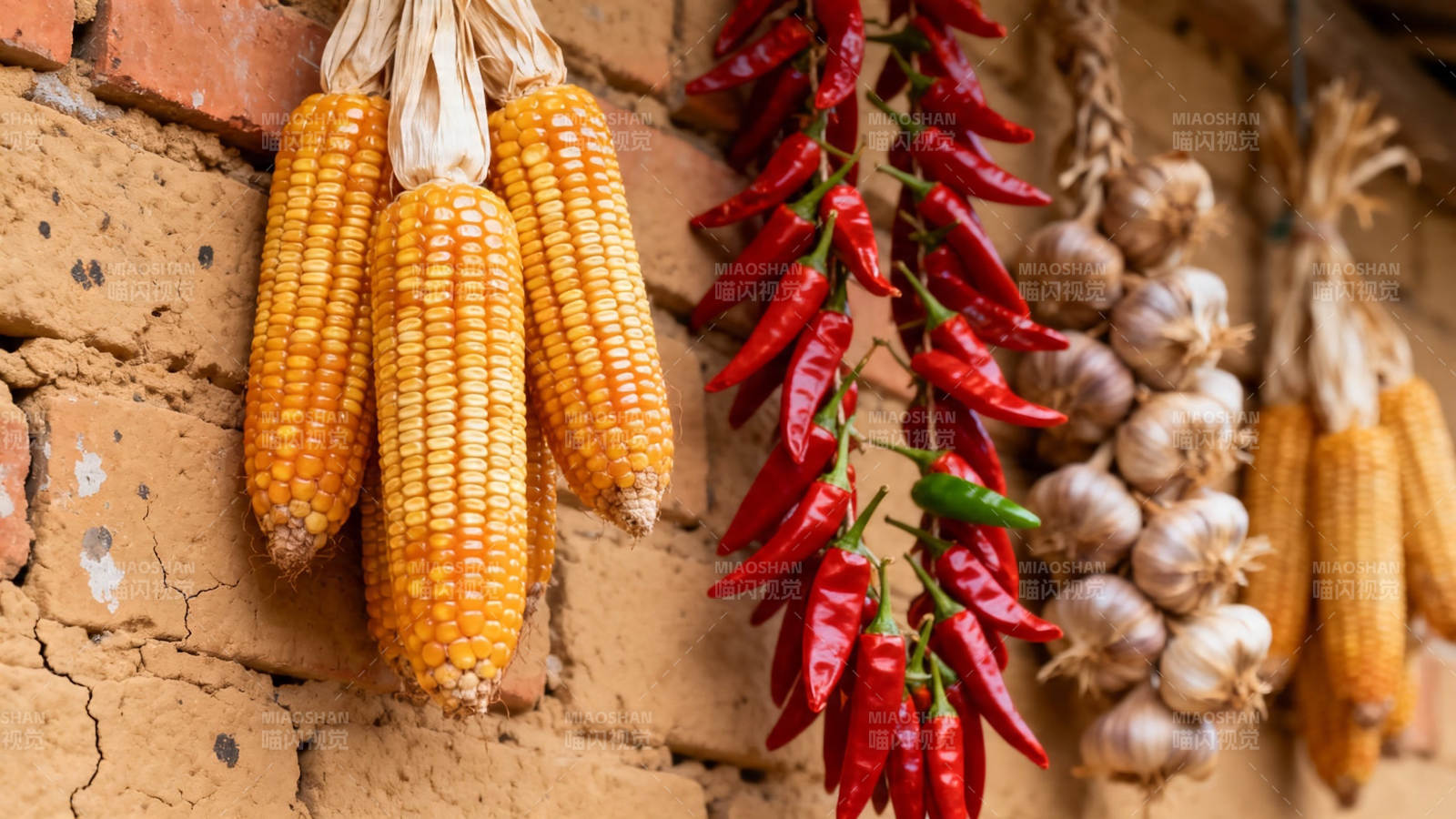 玉米辣椒蒜头挂墙丰收景图片