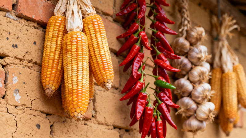 玉米辣椒蒜头挂墙丰收景图片