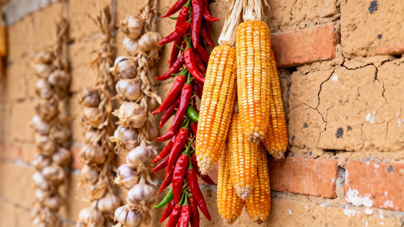 农家墙挂玉米辣椒蒜串图片