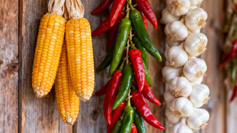 玉米辣椒蒜串挂木墙图片