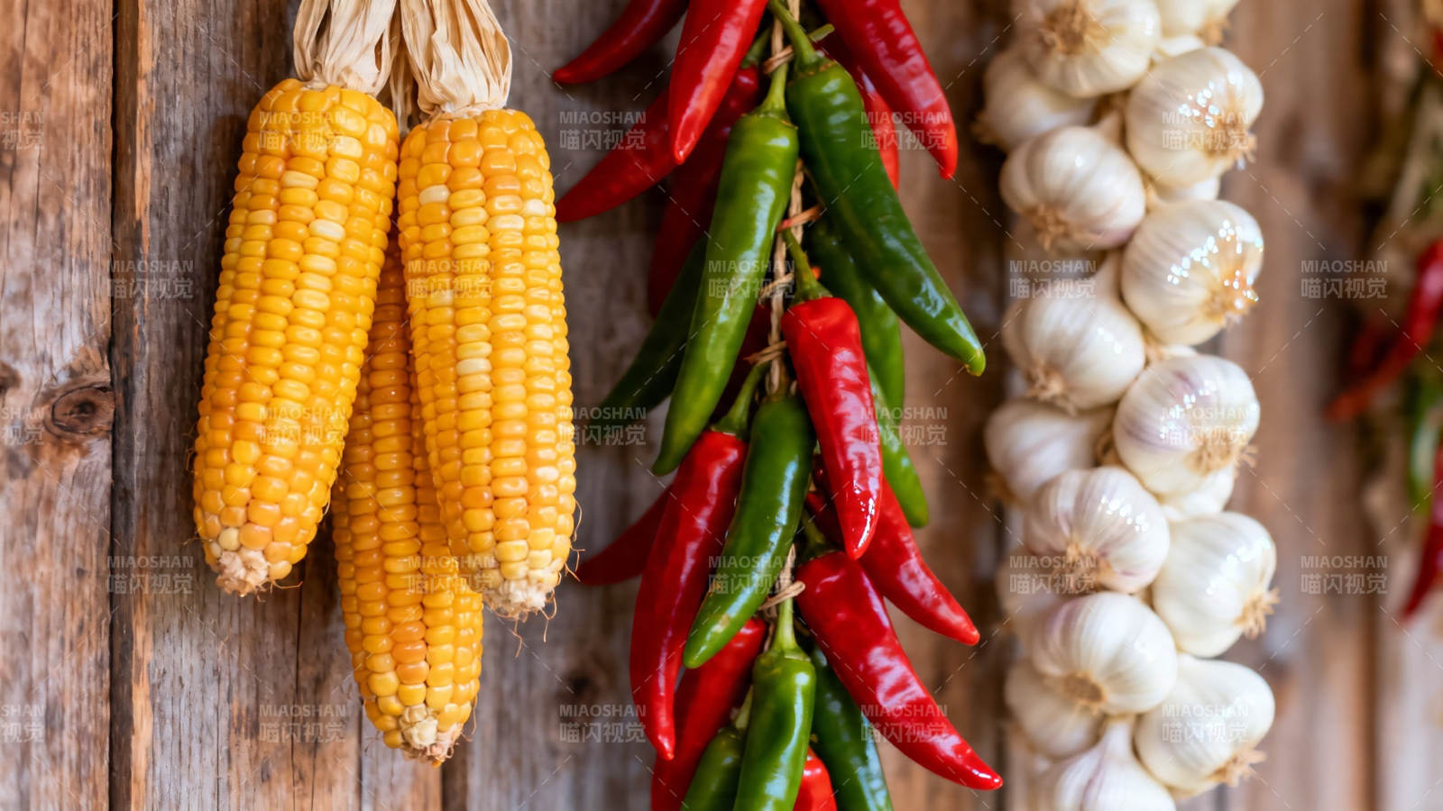 玉米辣椒蒜串挂木墙图片