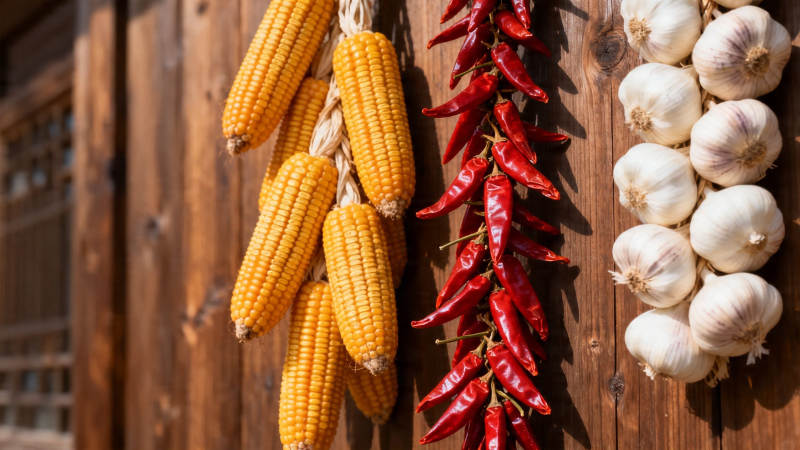 玉米辣椒蒜头挂墙晒秋景图片