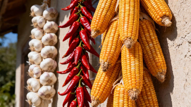 玉米辣椒蒜串挂墙头图片