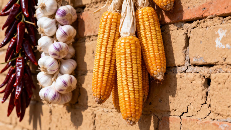 玉米蒜头辣椒挂墙晒秋图片