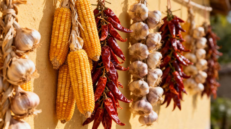 玉米辣椒蒜串挂墙晒秋图片