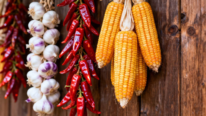 玉米辣椒蒜串挂木墙图片