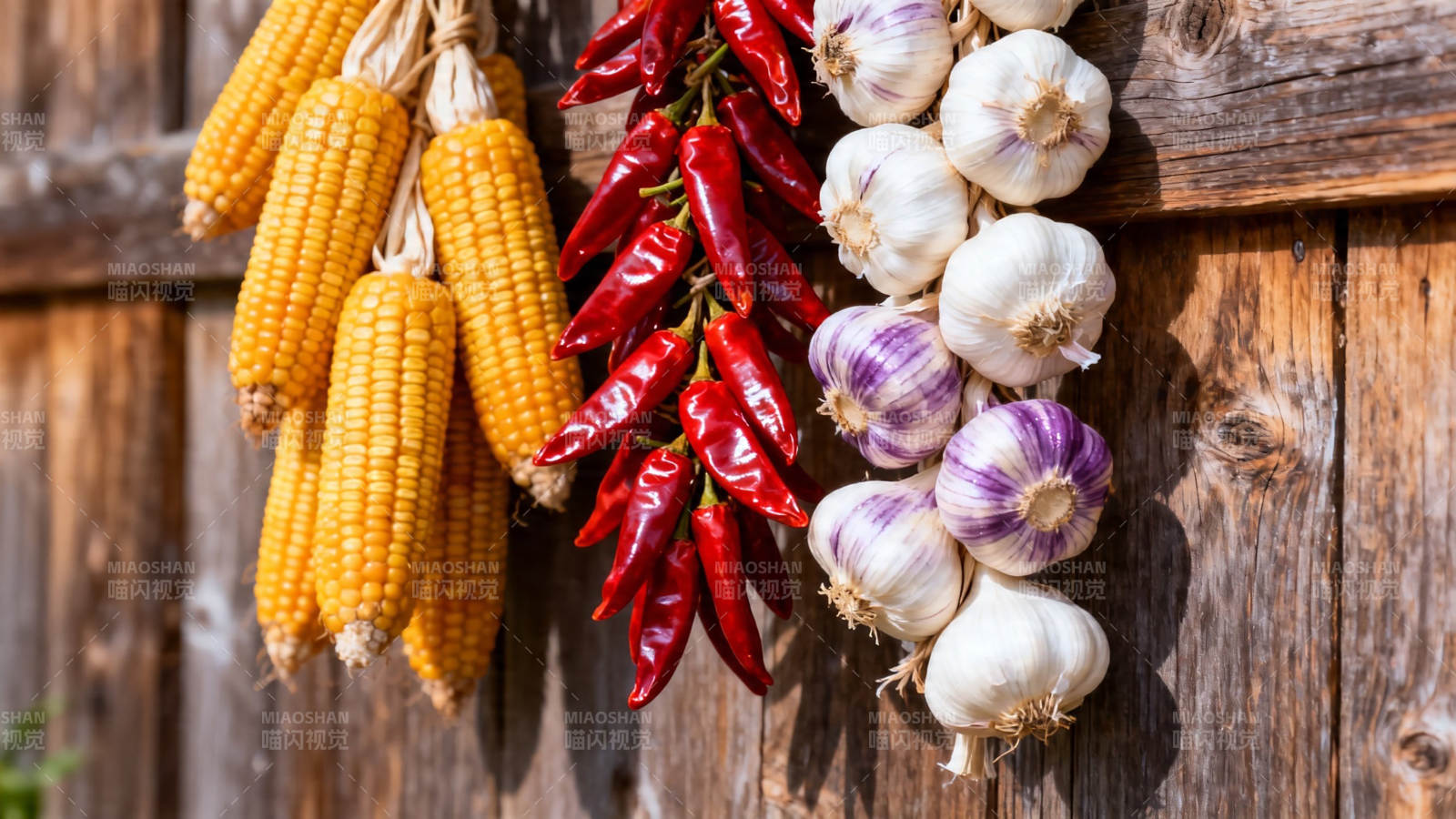 玉米辣椒蒜头挂木墙图片