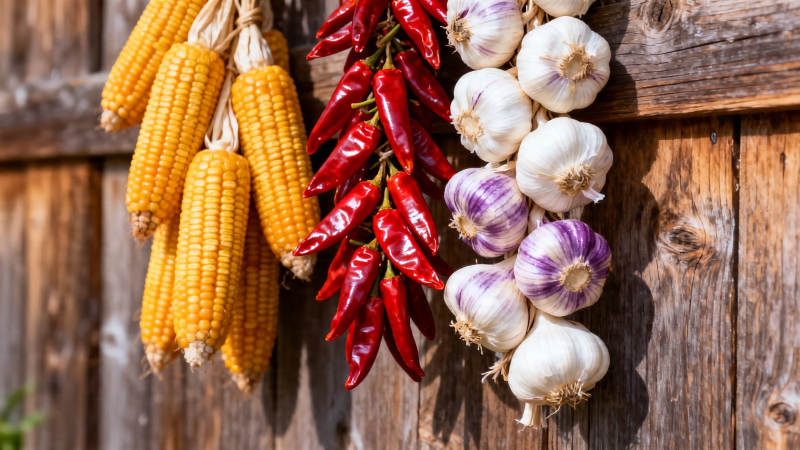 玉米辣椒蒜头挂木墙图片