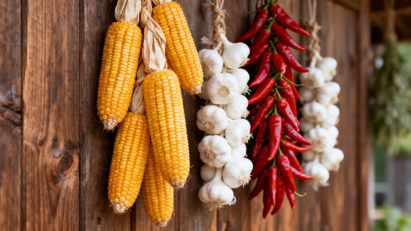 玉米辣椒蒜头挂木墙图片