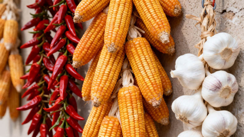 玉米辣椒蒜头挂墙晒秋图片