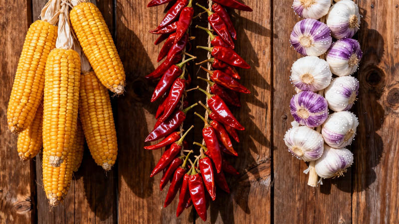 玉米辣椒蒜 农家三宝挂墙头图片