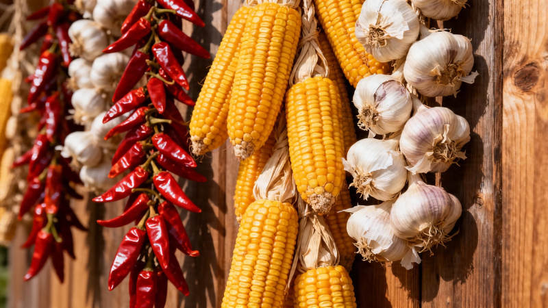 玉米辣椒蒜头挂墙丰收景图片