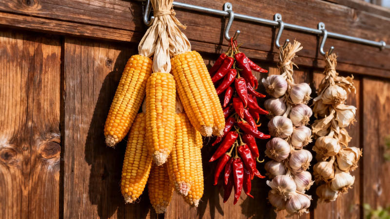 玉米辣椒蒜头挂墙晒秋图片