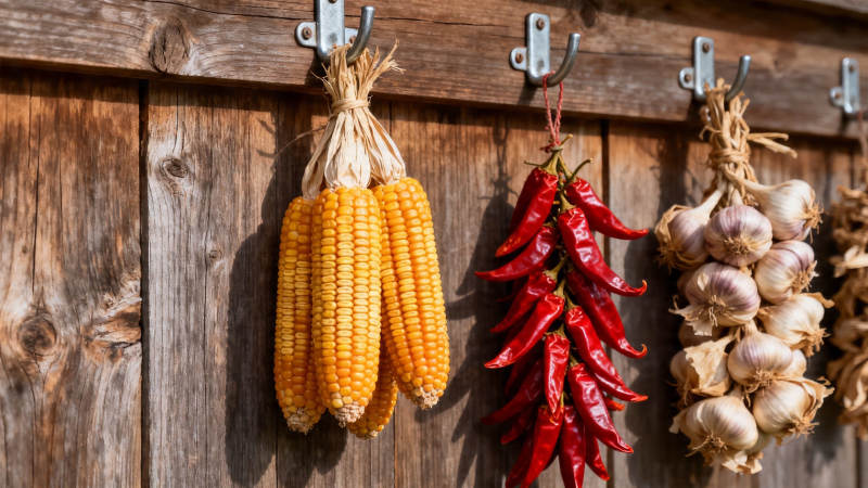 玉米辣椒蒜头挂木墙图片