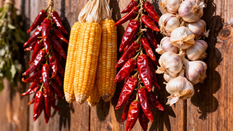 玉米辣椒蒜头挂墙晒秋图片