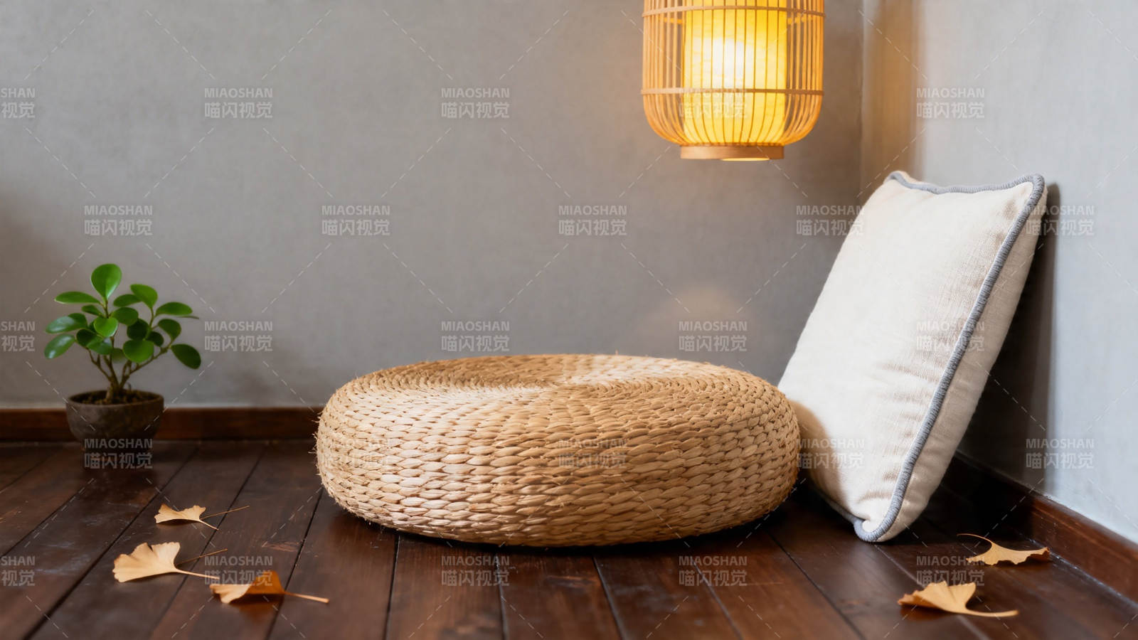 藤编坐垫配暖灯 静谧角落图片