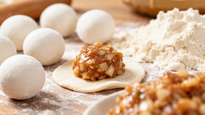 手工包馅 面粉与馅料相伴图片