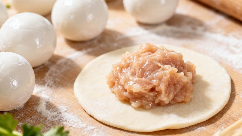 包饺子 肉馅放皮中央图片