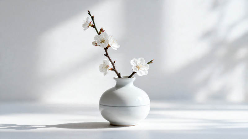 白瓷瓶插梅花 光影静谧美图片