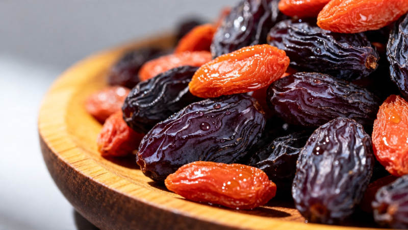 木碗盛满红黑葡萄干图片