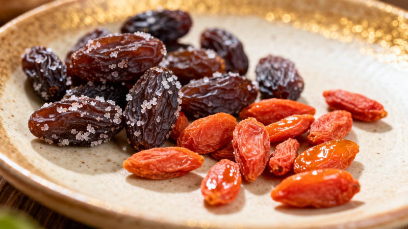 葡萄干与枸杞同盘盛放图片