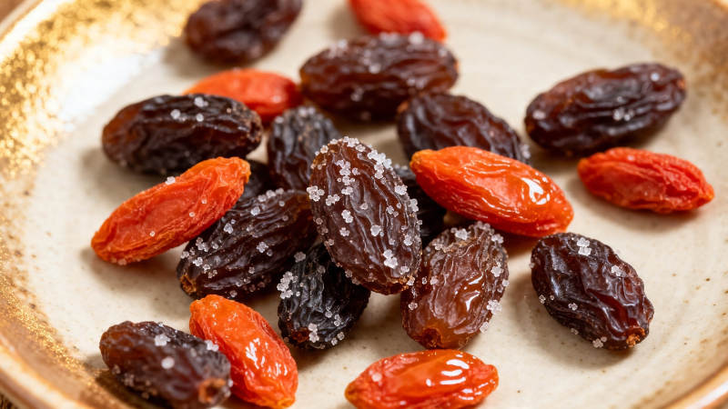 葡萄干与枸杞混装盘中图片