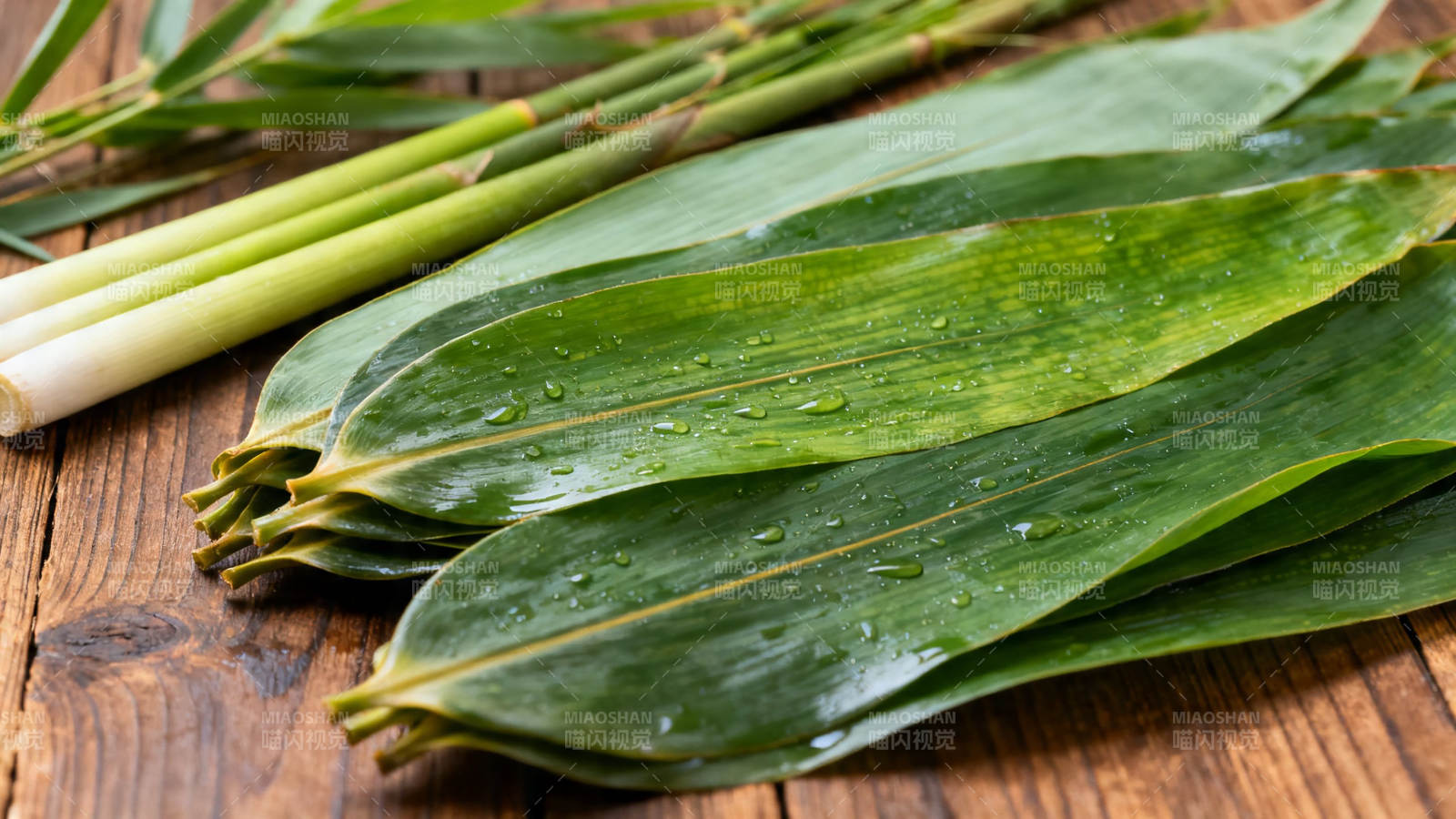 竹叶青翠 水珠点缀木桌图片