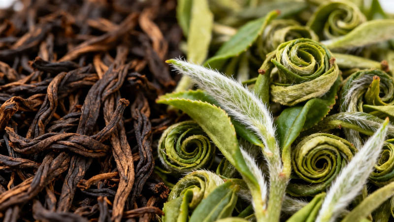 红绿茶叶对比特写图片