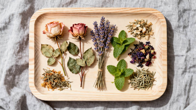 木盘上的干花与香草图片