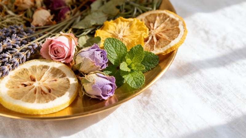 干花柠檬薄荷金盘静物图片