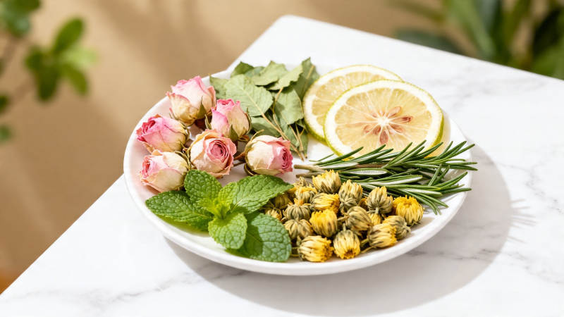 花草茶原料盘 玫瑰柠檬迷迭香图片