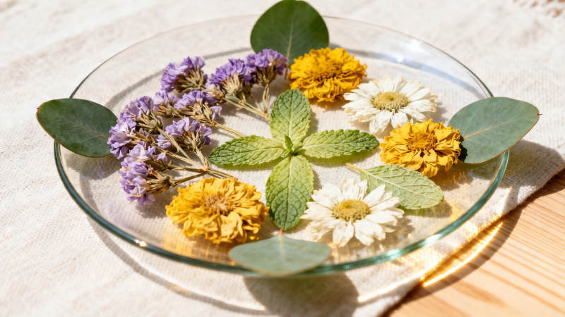 花叶静物 玻璃盘中的自然诗图片