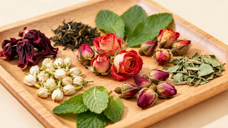 花草茶原料木盘展示图片