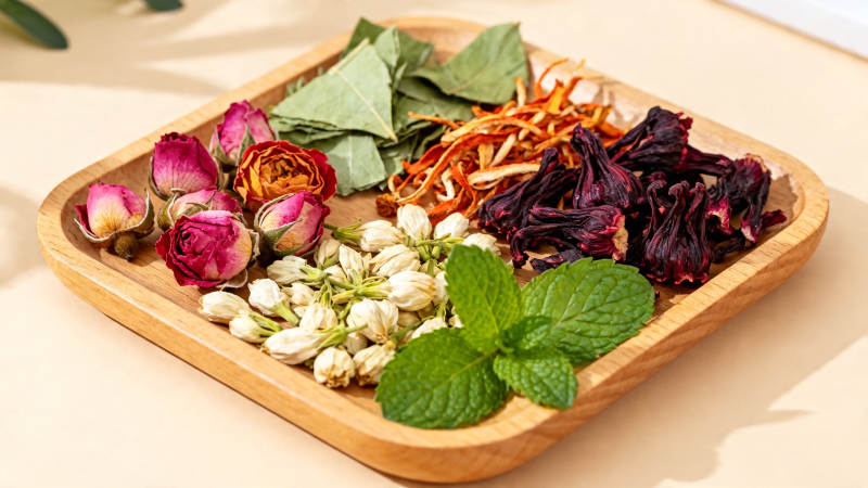 花草茶原料木盘陈列图片