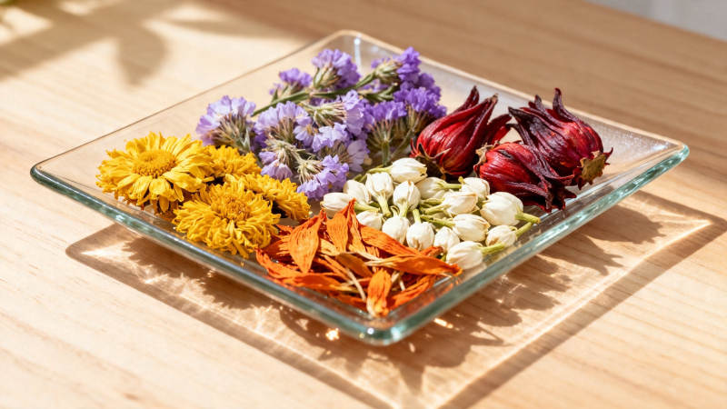 五色干花 静置玻璃盘中图片