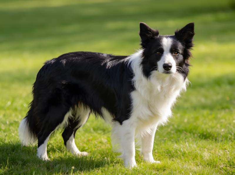 黑白边牧站立绿草地图片