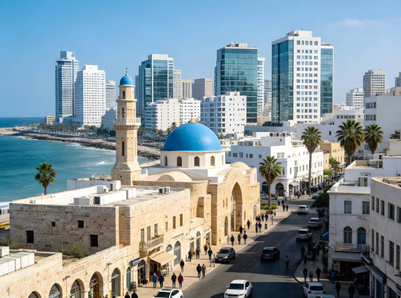 海滨古城与现代都市交融图片