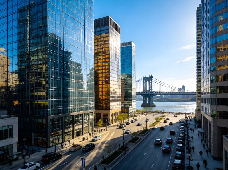 曼哈顿大桥映玻璃楼群图片