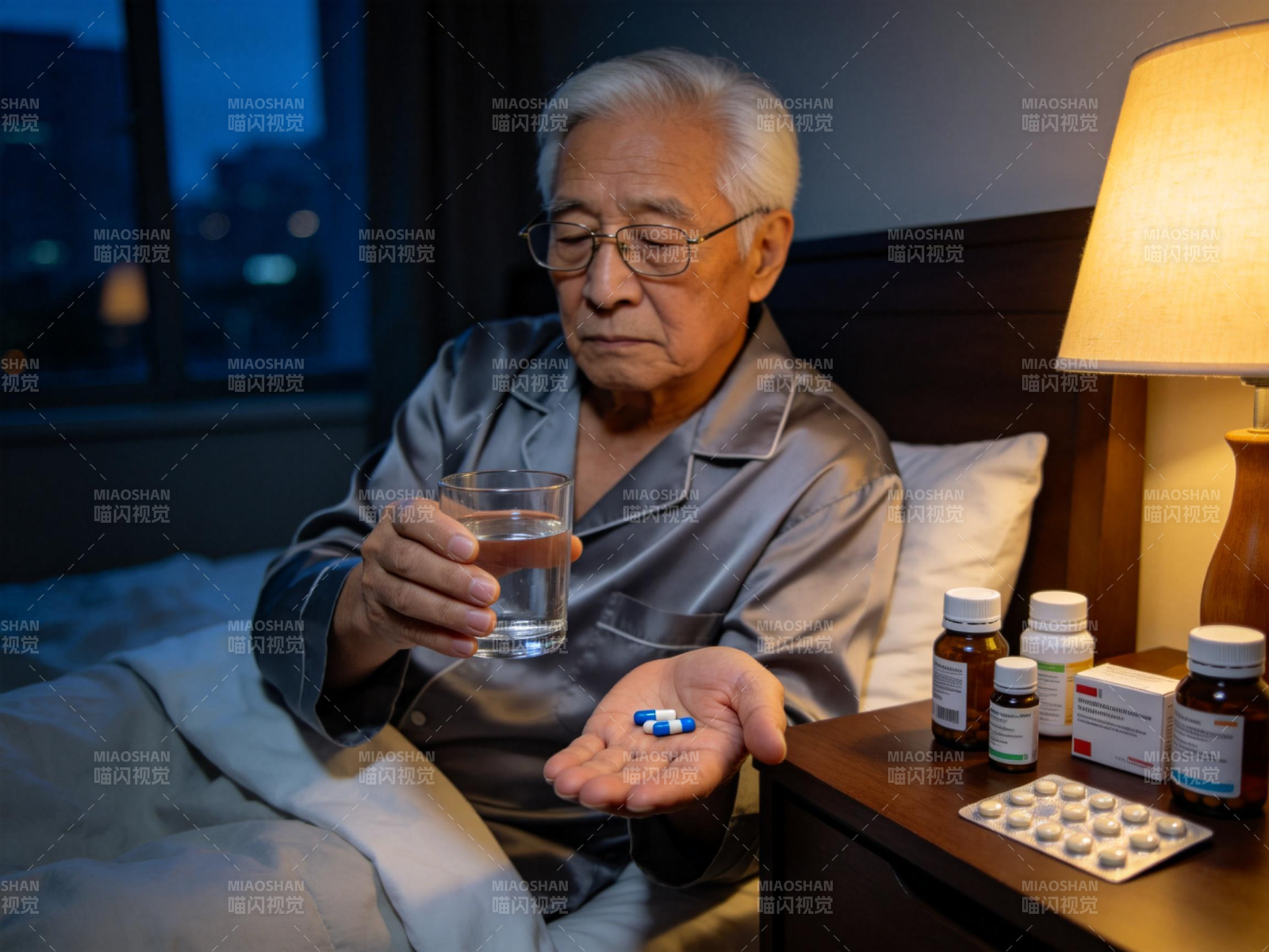 老人睡前服药图片