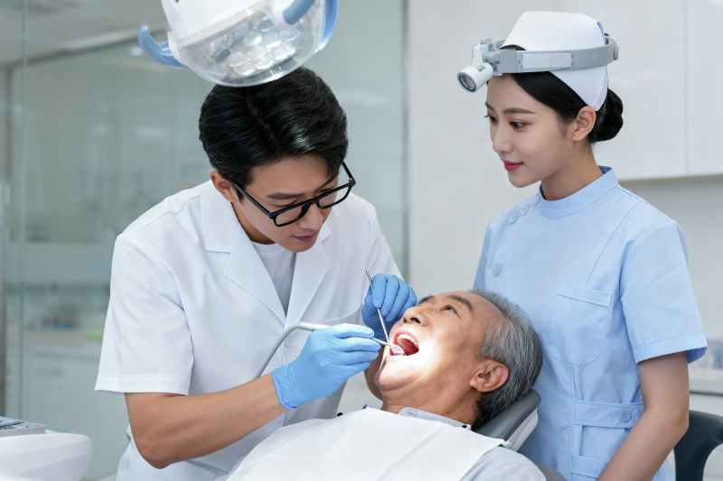 牙医为老人检查牙齿图片