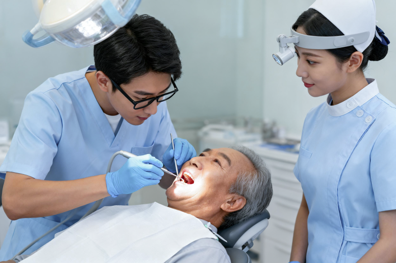 牙医为老人检查口腔图片