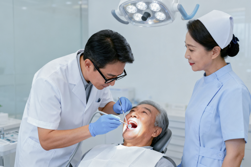 牙医为老人检查牙齿图片