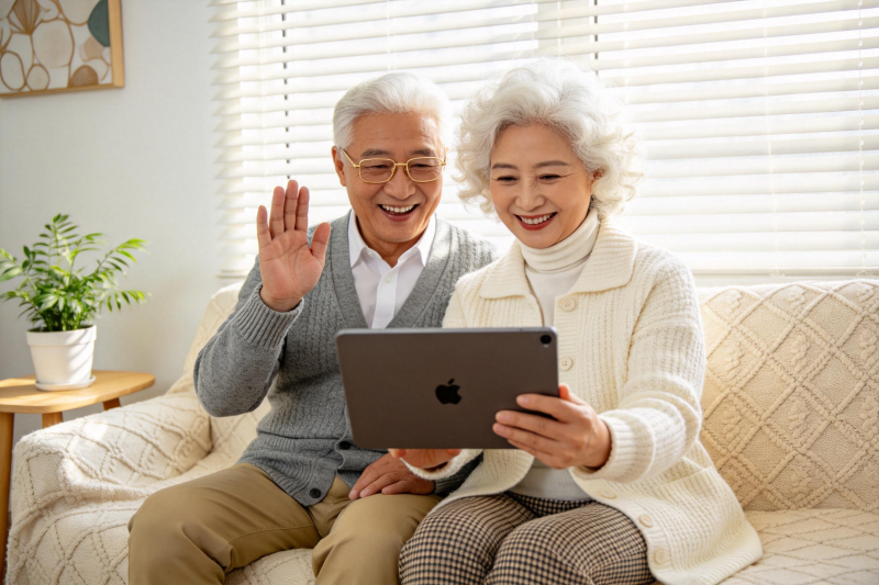 银发夫妻视频通话笑盈盈图片