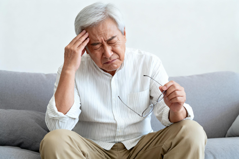 老人头痛扶额坐沙发图片