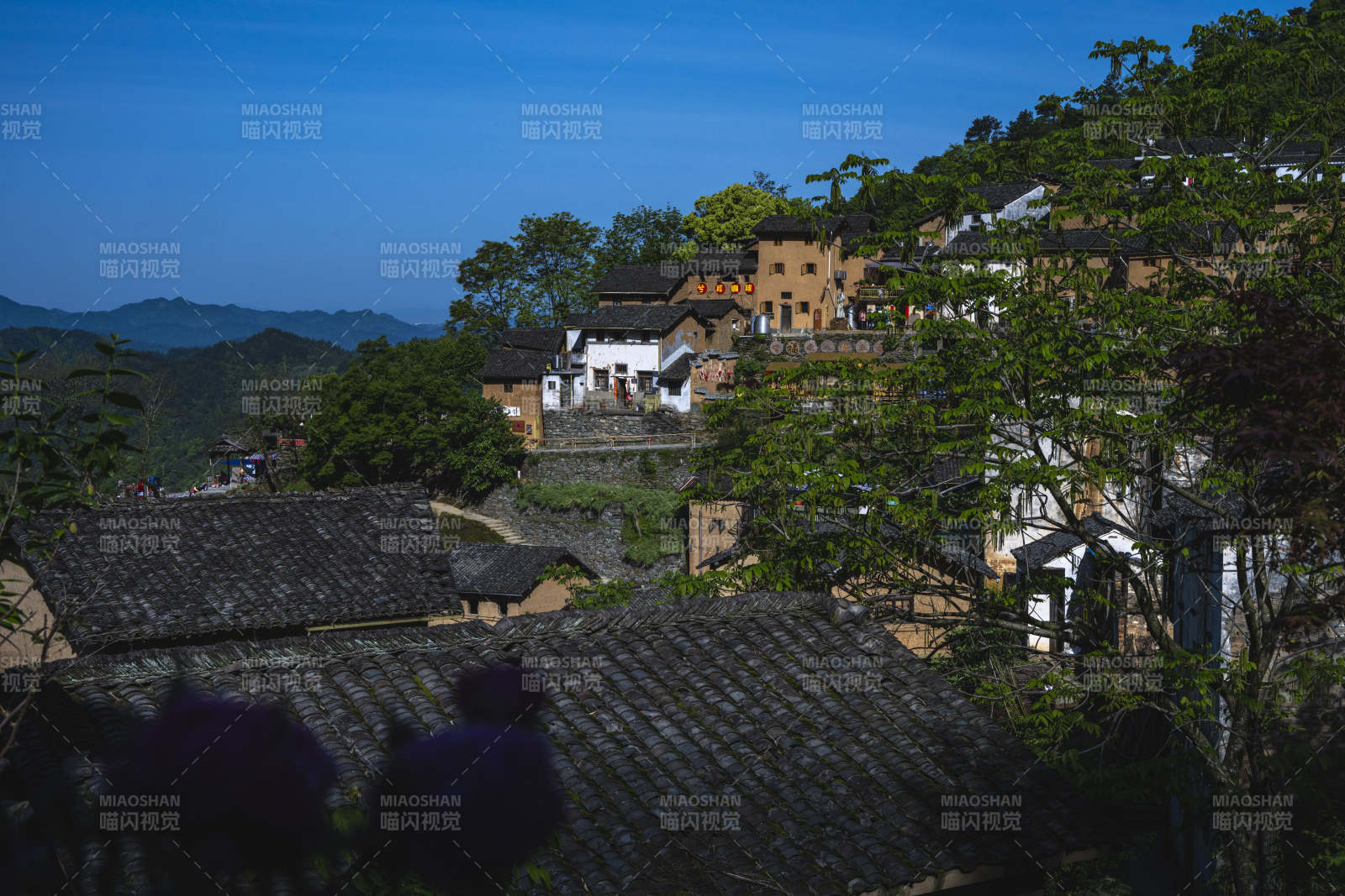 山间古村 青瓦白墙映蓝天图片