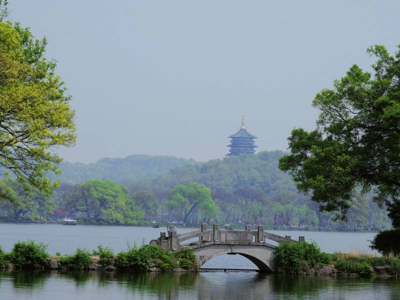 西湖桥影塔隐绿树间图片
