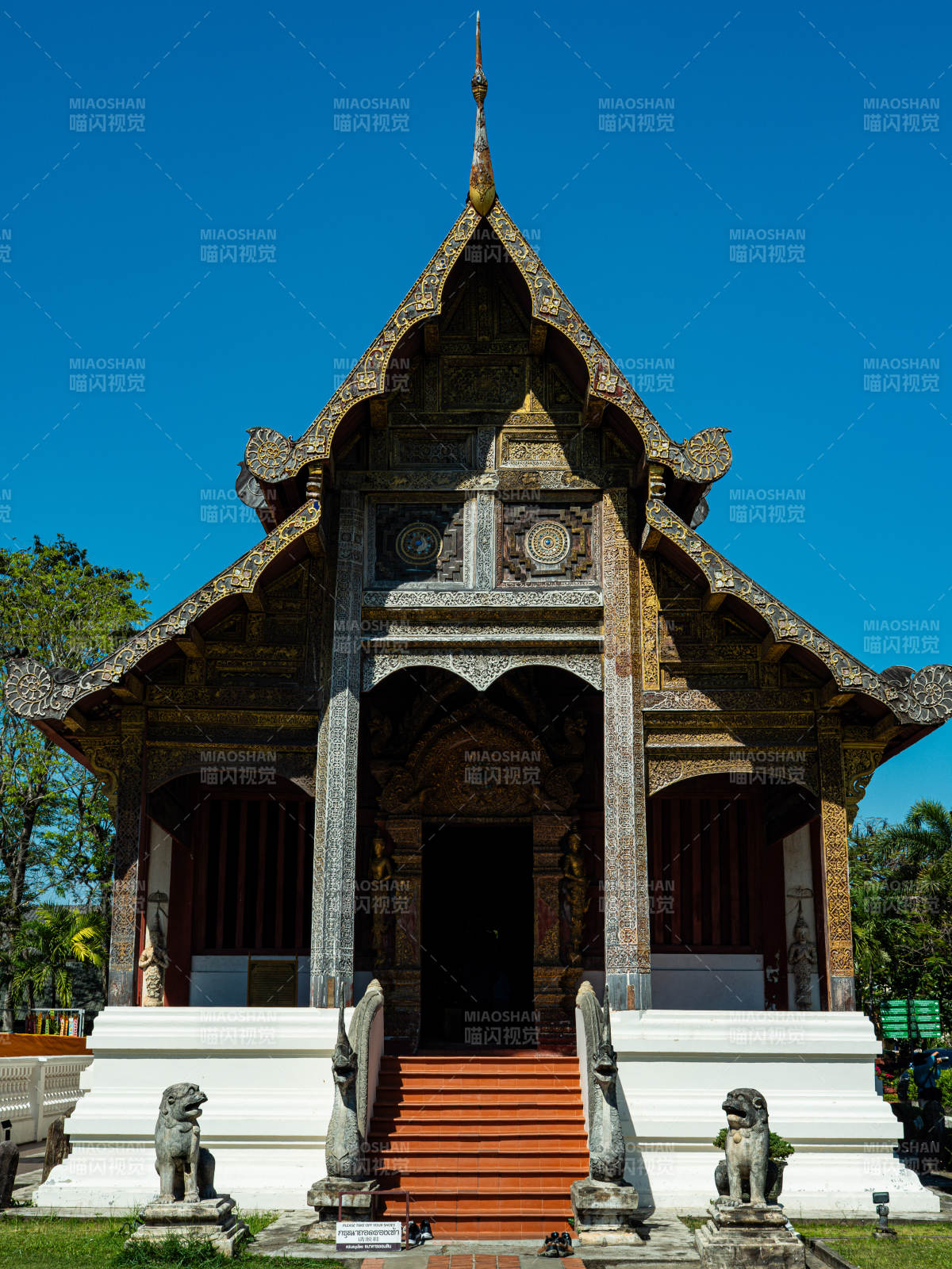 泰国古寺 金顶红阶狮守门图片