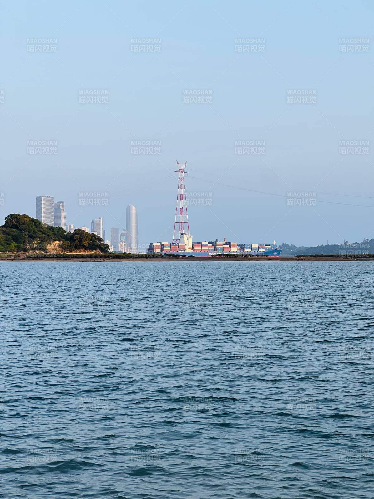 海港远眺 货轮与城市天际线图片